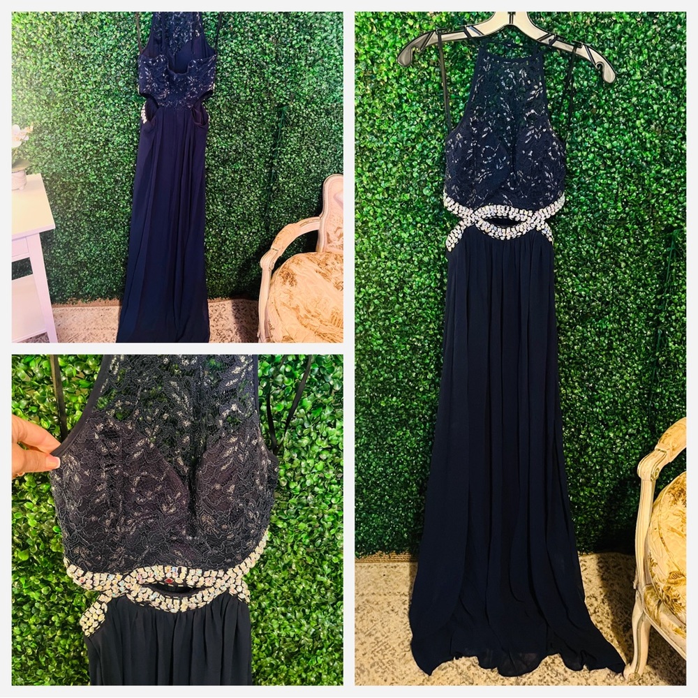 Navy blue halter style prom dress
